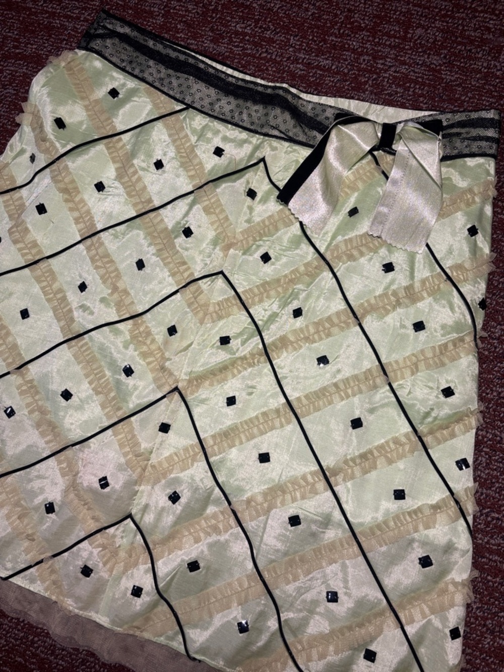 Vintage Free People bow/ sequin embellished  green/black a‎ line skirt womens 12